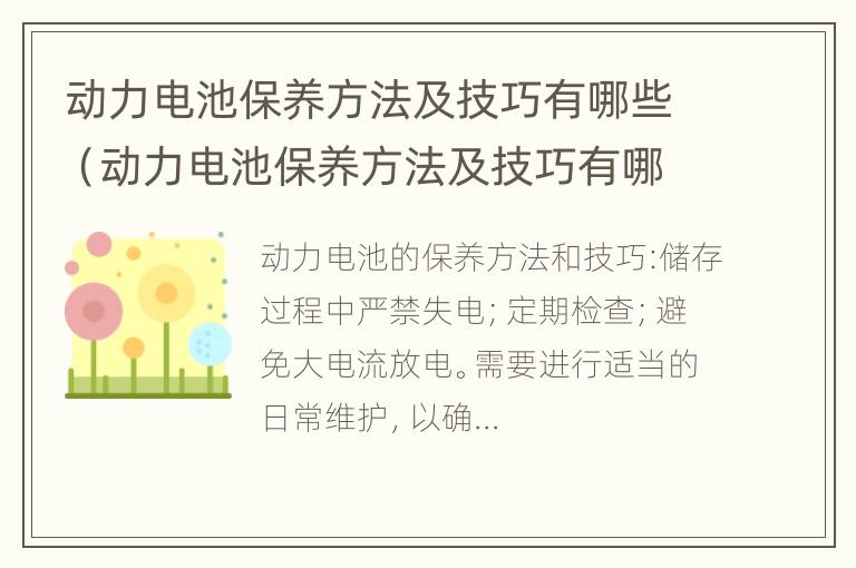 动力电池保养方法及技巧有哪些（动力电池保养方法及技巧有哪些内容）