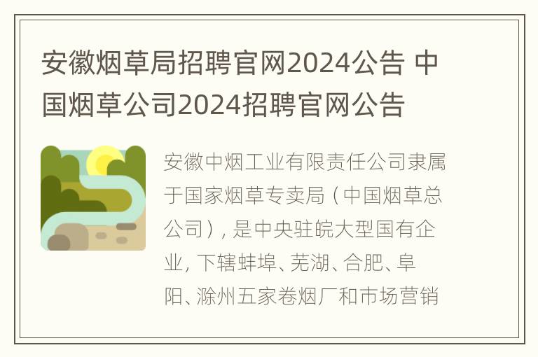 安徽烟草局招聘官网2024公告 中国烟草公司2024招聘官网公告