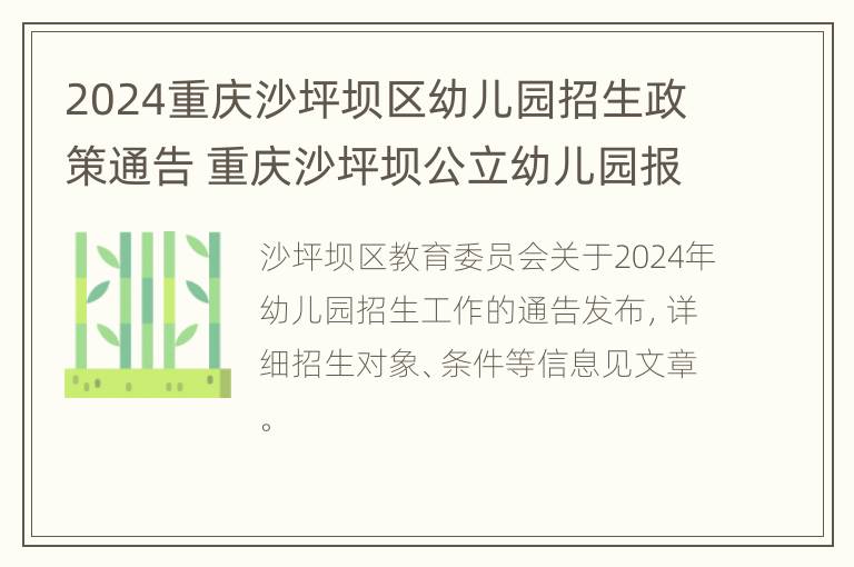 2024重庆沙坪坝区幼儿园招生政策通告 重庆沙坪坝公立幼儿园报名时间