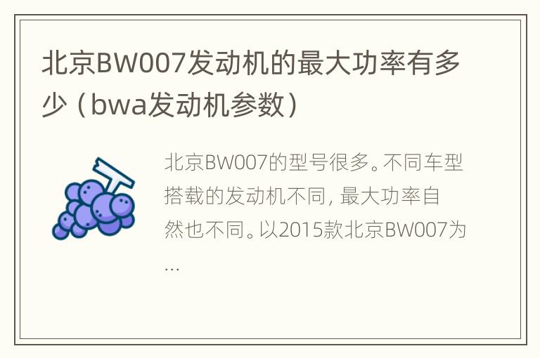 北京BW007发动机的最大功率有多少（bwa发动机参数）