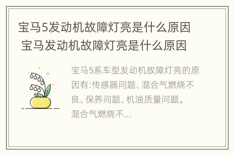 宝马5发动机故障灯亮是什么原因 宝马发动机故障灯亮是什么原因引起的