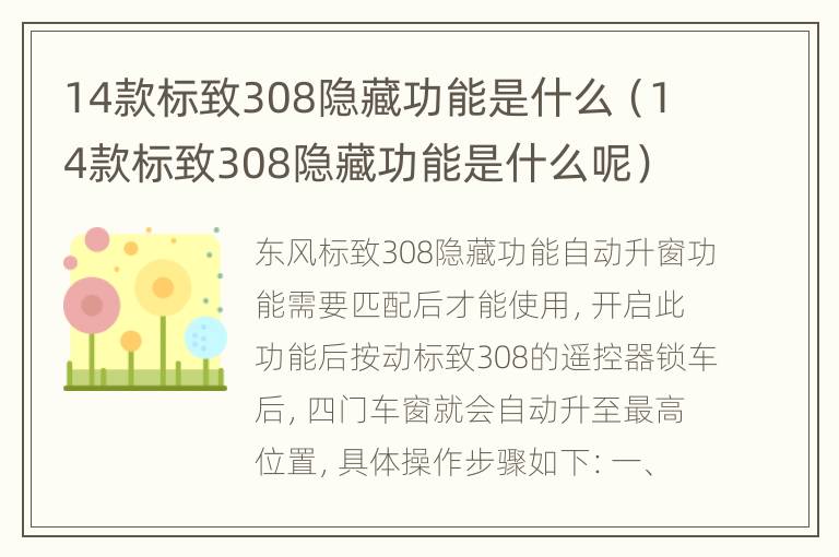 14款标致308隐藏功能是什么（14款标致308隐藏功能是什么呢）