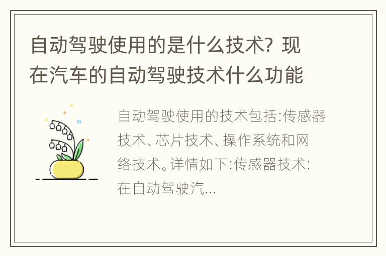 自动驾驶使用的是什么技术？ 现在汽车的自动驾驶技术什么功能