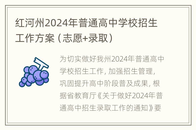 红河州2024年普通高中学校招生工作方案（志愿+录取）