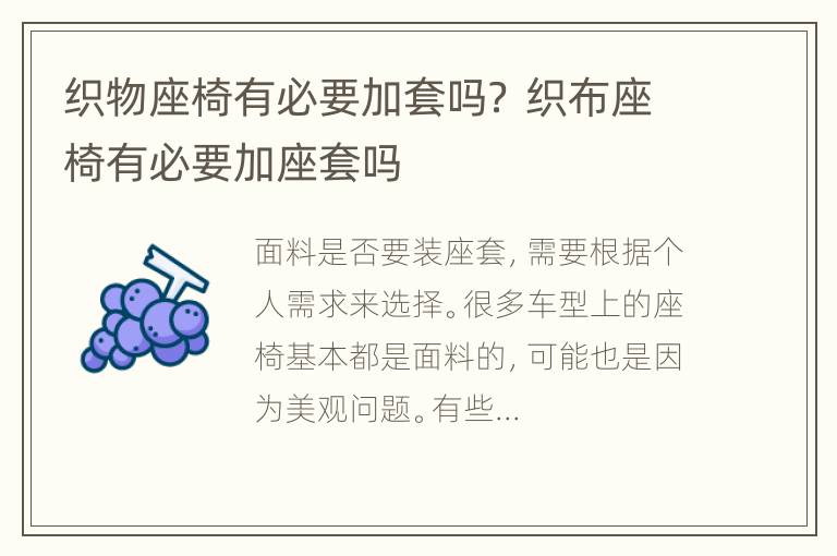 织物座椅有必要加套吗？ 织布座椅有必要加座套吗